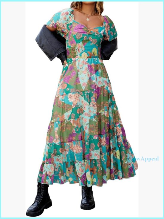 Dresses & Skirts - Floral Maxi Dress with Puff Sleeves Smocked Bodice Bohemian Summer